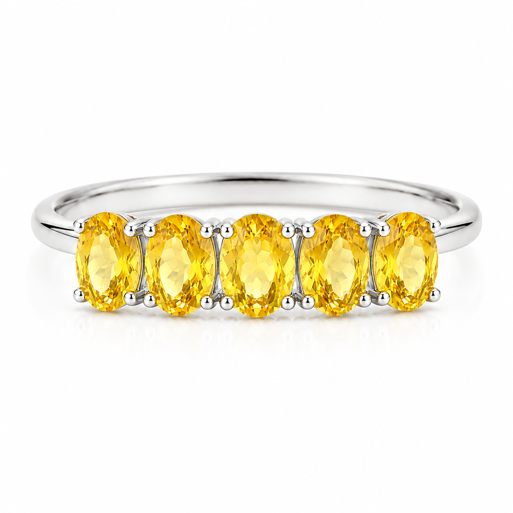 Natural citrine band ring with five 3x4mm oval gemstones in 925 sterling silver