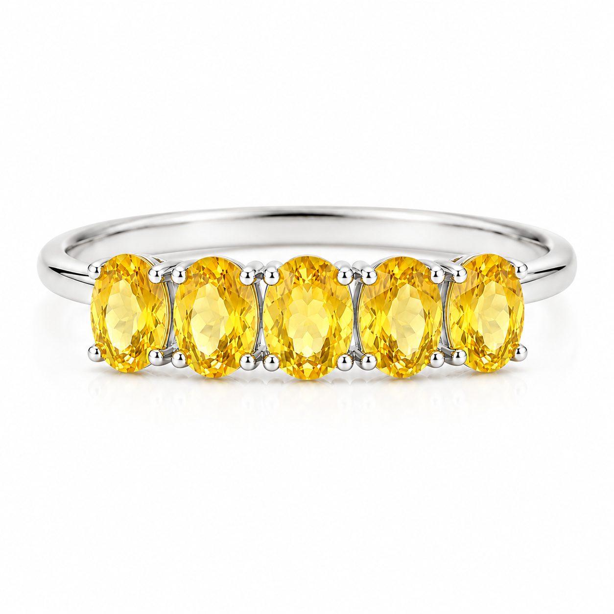 Natural citrine band ring with five 3x4mm oval gemstones in 925 sterling silver