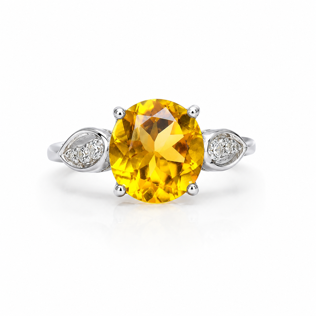 Natural 8mm round citrine ring with CZ leaf accents in 925 sterling silver