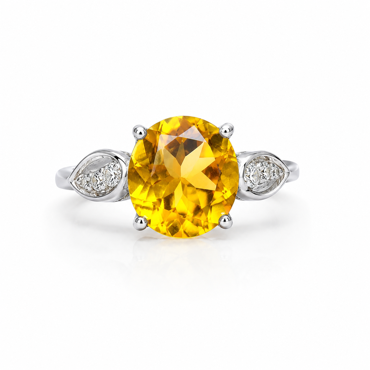 Natural 8mm round citrine ring with CZ leaf accents in 925 sterling silver