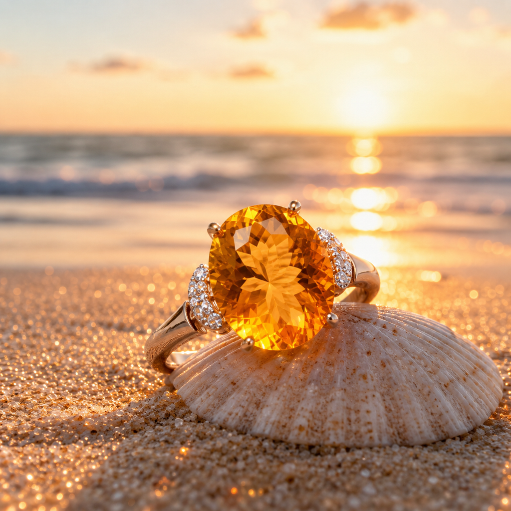 6 carat natural citrine ring with 10x14mm oval gemstone and sparkling CZ accents displayed on a sandy beach with a golden sunset.