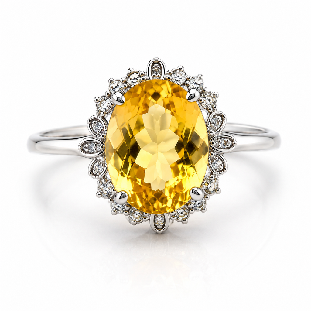 6 carat natural citrine ring with 10x14mm oval gemstone and floral halo