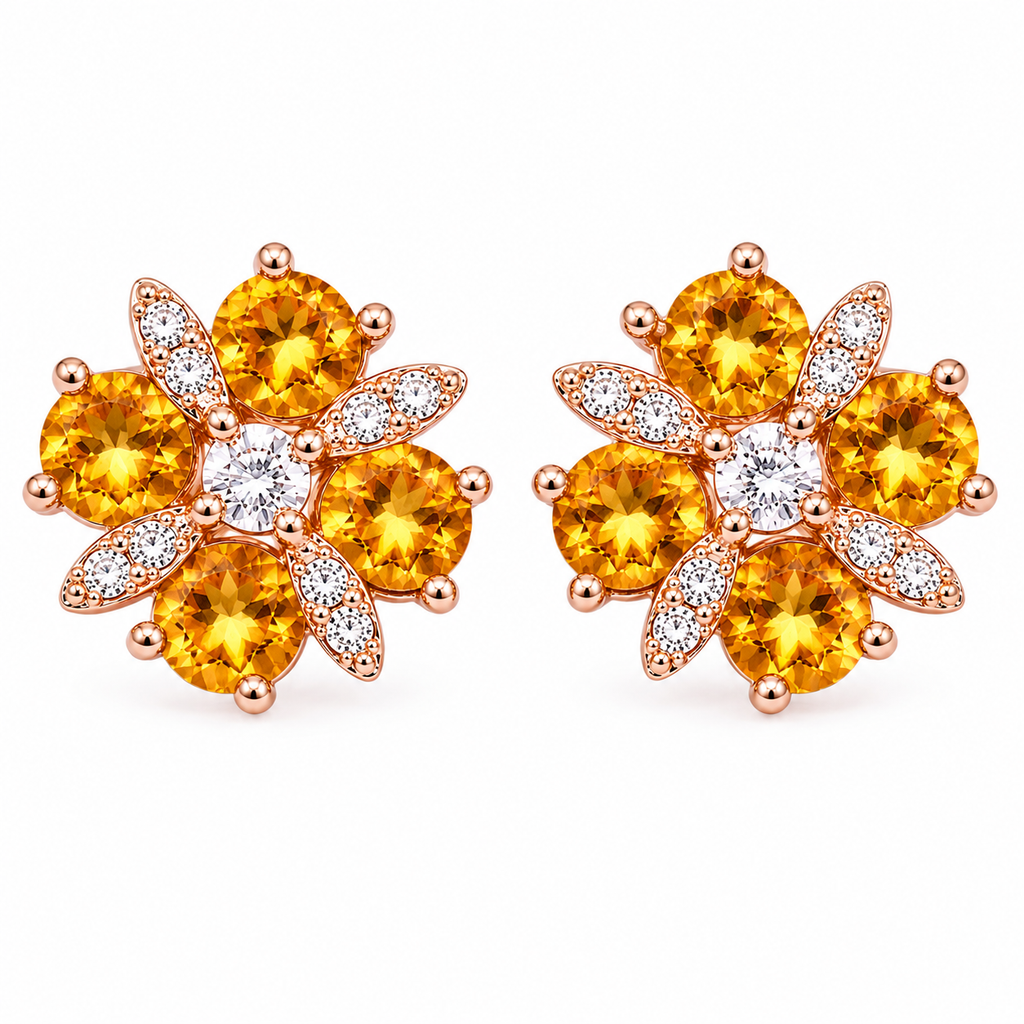 Natural 4mm round citrine flower earrings with golden citrine gemstones, sparkling cubic zirconia accents and an elegant floral design