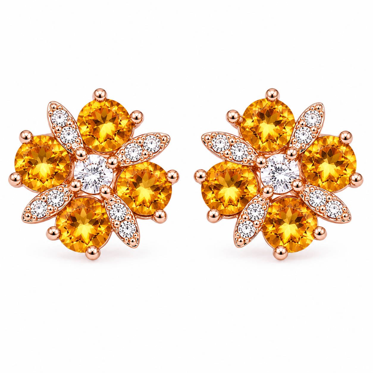 Natural 4mm round citrine flower earrings with golden citrine gemstones, sparkling cubic zirconia accents and an elegant floral design