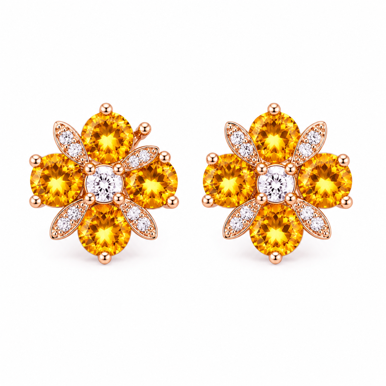 Natural 4mm round citrine flower earrings with golden citrine gemstones, sparkling cubic zirconia accents and an elegant floral design