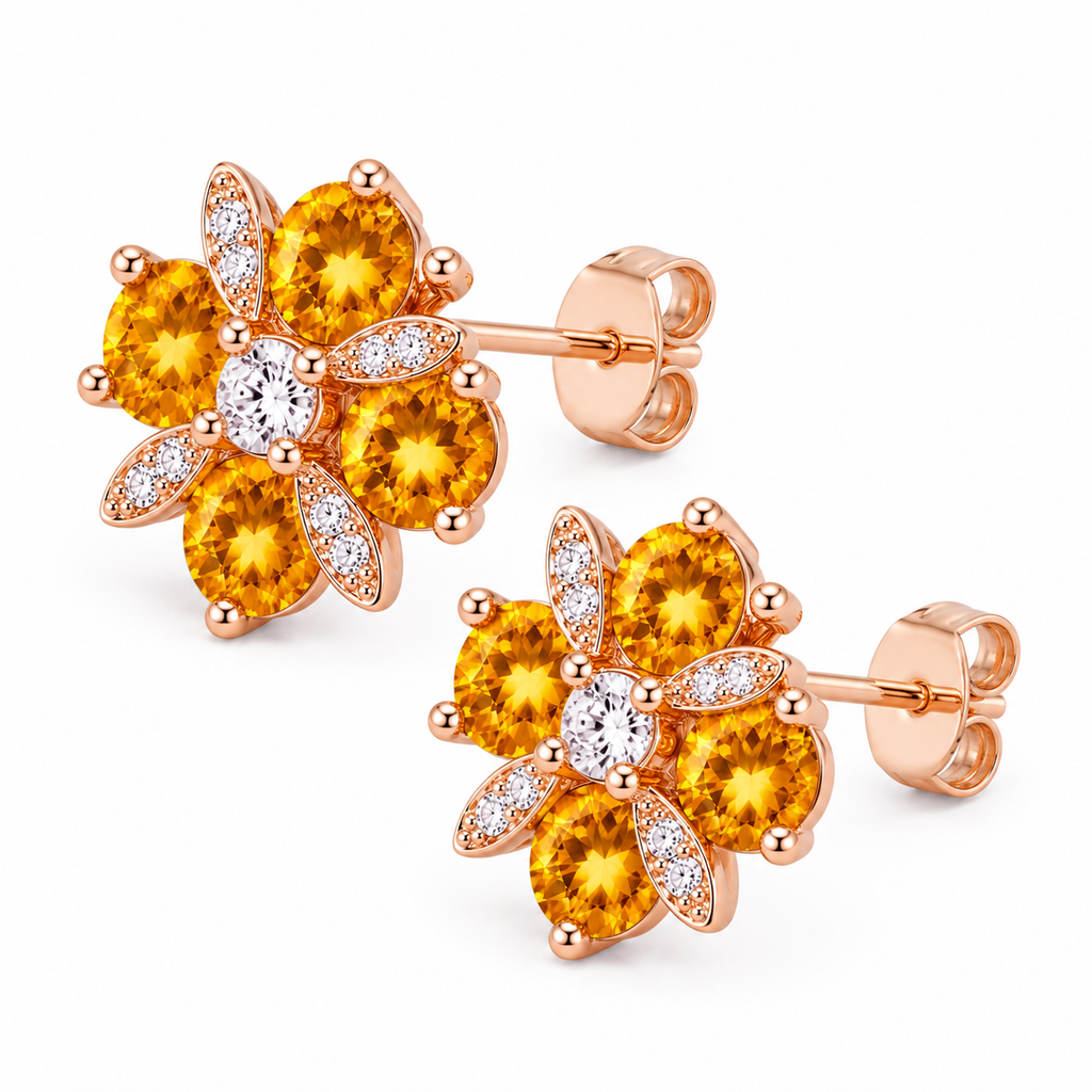Natural 4mm round citrine flower earrings with golden citrine gemstones, sparkling cubic zirconia accents and an elegant floral design