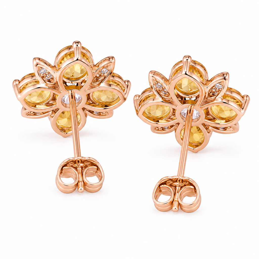 Natural 4mm round citrine flower earrings with golden citrine gemstones, sparkling cubic zirconia accents and an elegant floral design