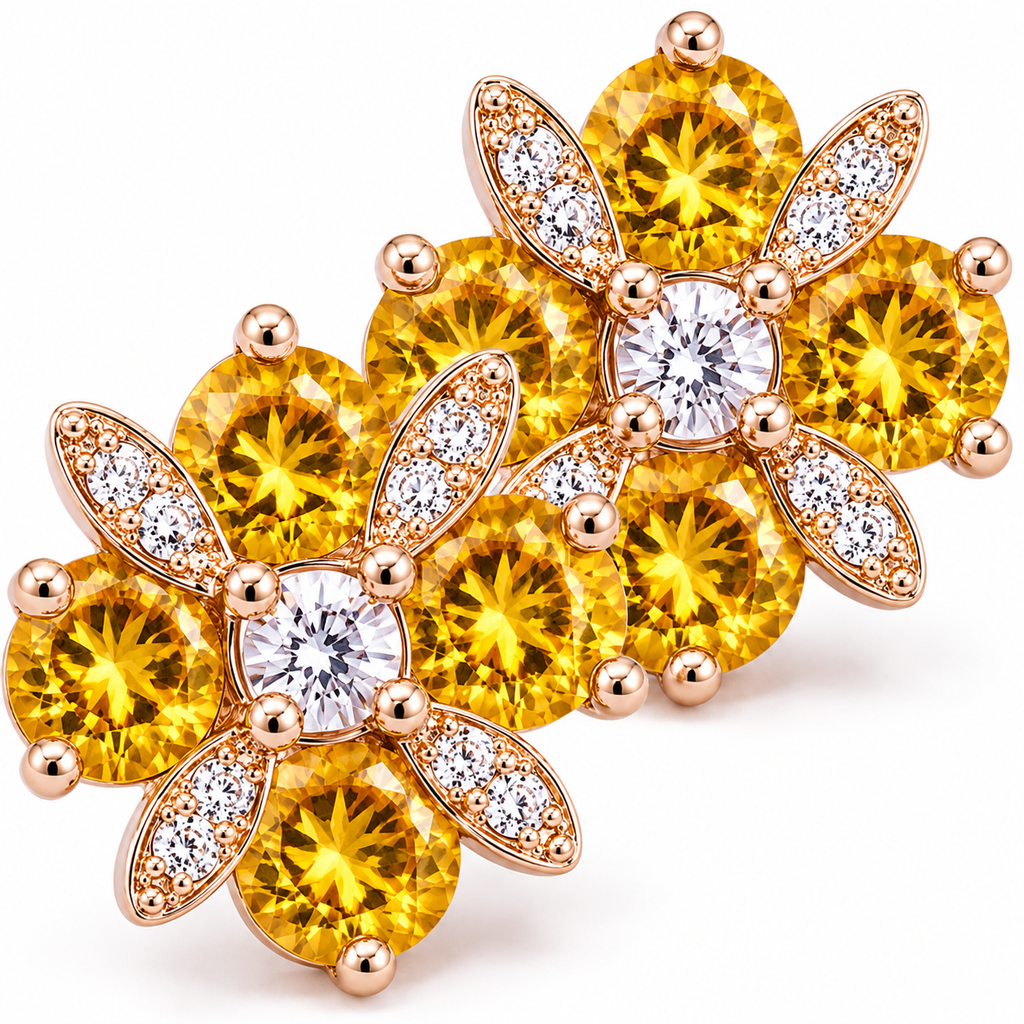 Natural 4mm round citrine flower earrings with golden citrine gemstones, sparkling cubic zirconia accents and an elegant floral design