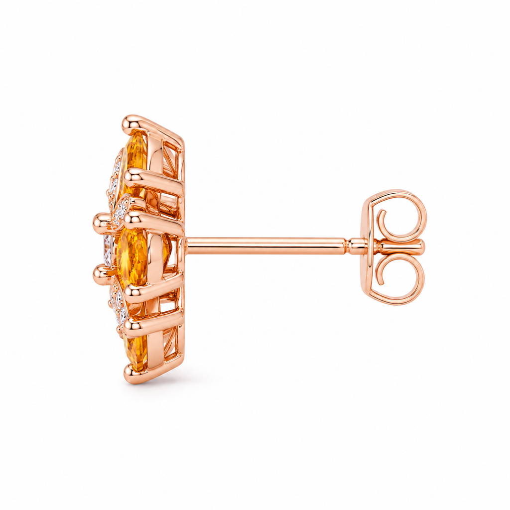 Natural 4mm round citrine flower earrings with golden citrine gemstones, sparkling cubic zirconia accents and an elegant floral design