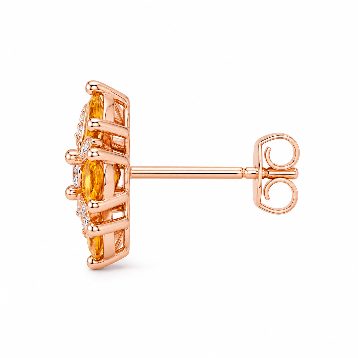 Natural 4mm round citrine flower earrings with golden citrine gemstones, sparkling cubic zirconia accents and an elegant floral design