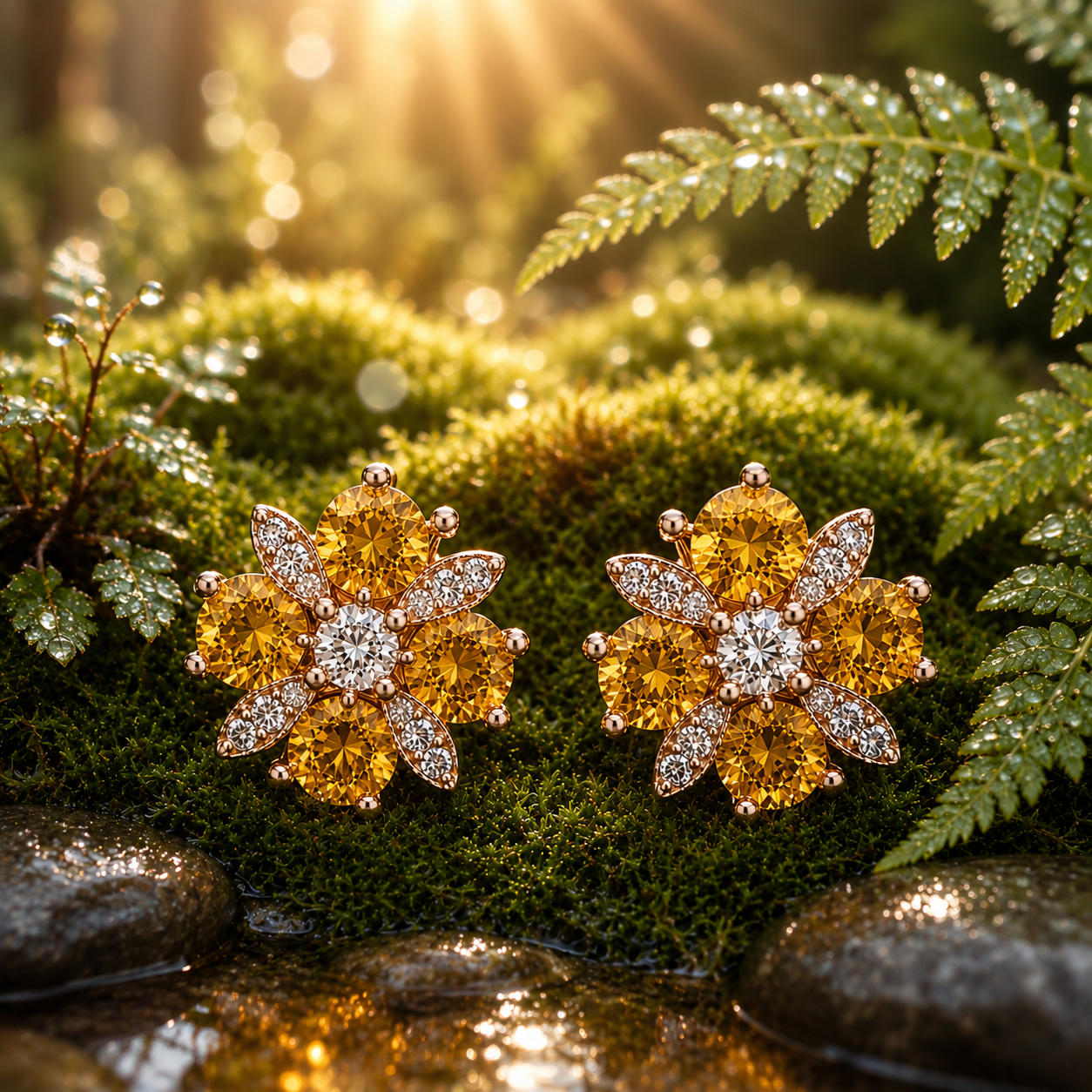 Natural 4mm round citrine flower earrings with golden citrine gemstones, sparkling cubic zirconia accents and an elegant floral design