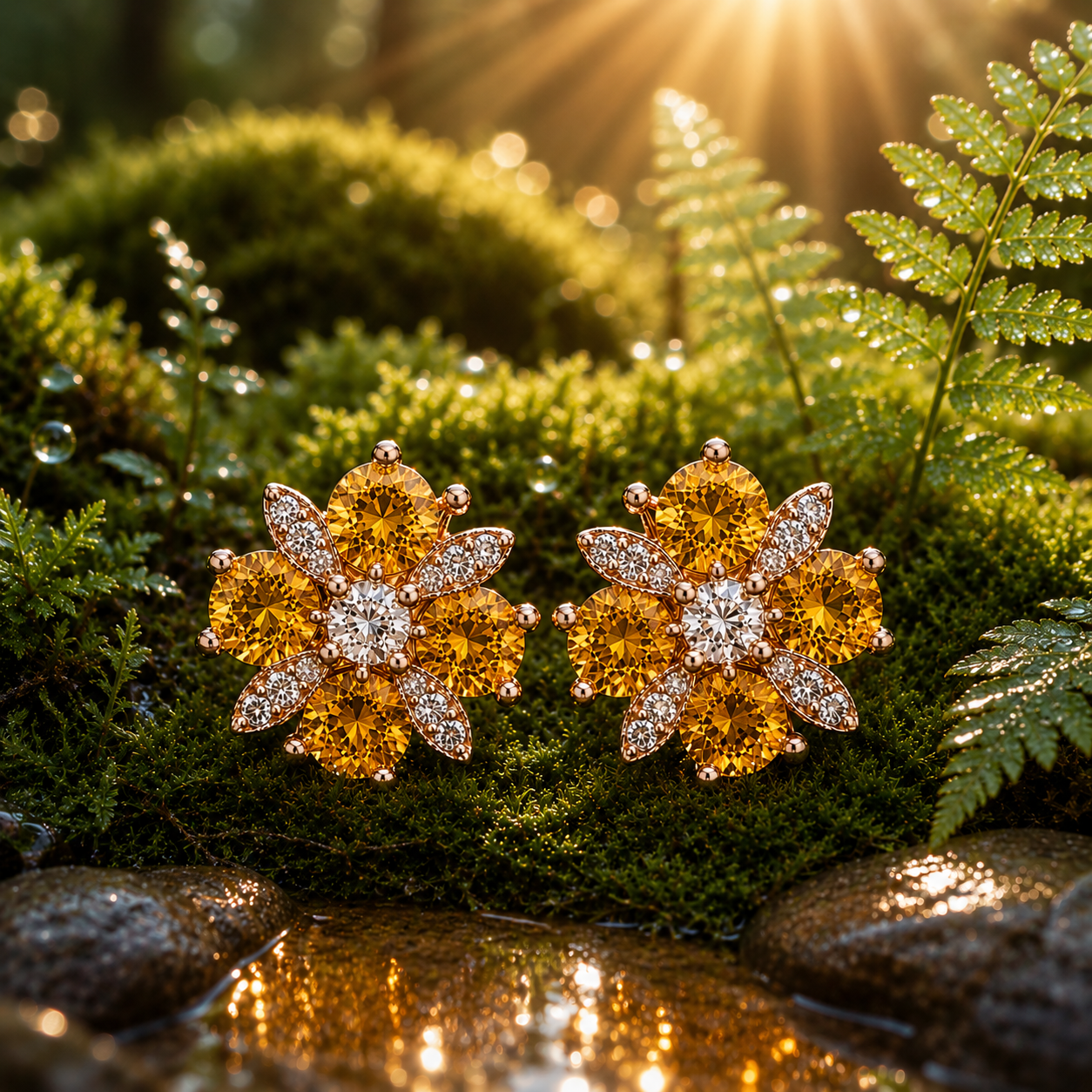 Natural 4mm round citrine flower earrings with golden citrine gemstones, sparkling cubic zirconia accents and an elegant floral design
