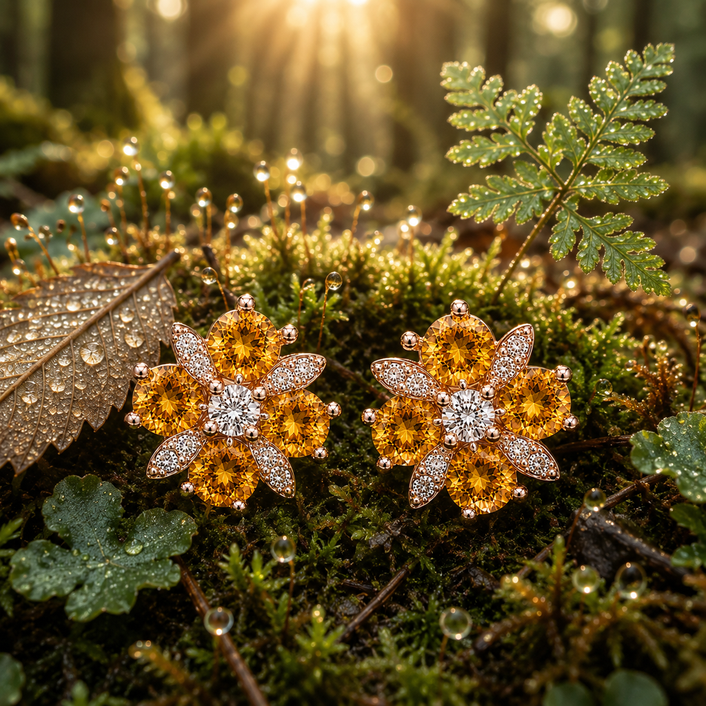 Natural 4mm round citrine flower earrings with golden citrine gemstones, sparkling cubic zirconia accents and an elegant floral design