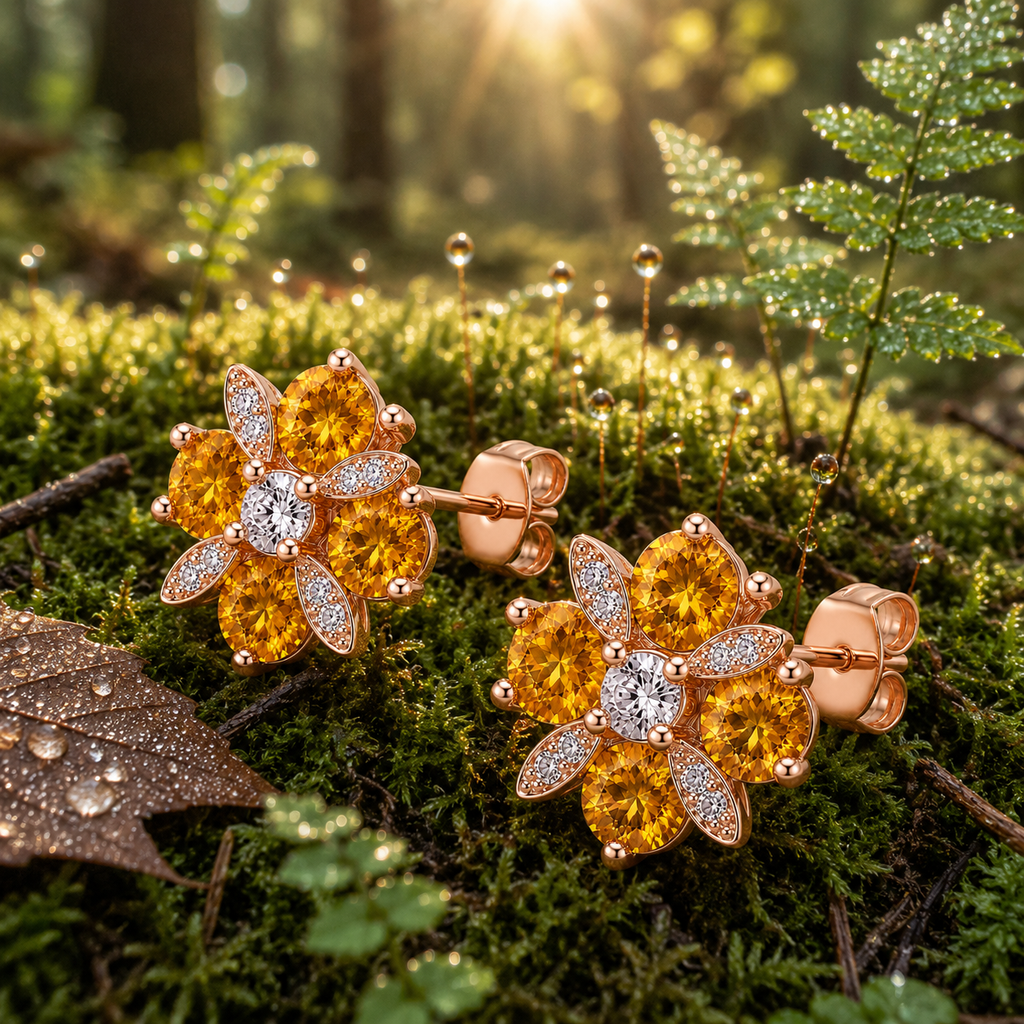 Natural 4mm round citrine flower earrings with golden citrine gemstones, sparkling cubic zirconia accents and an elegant floral design