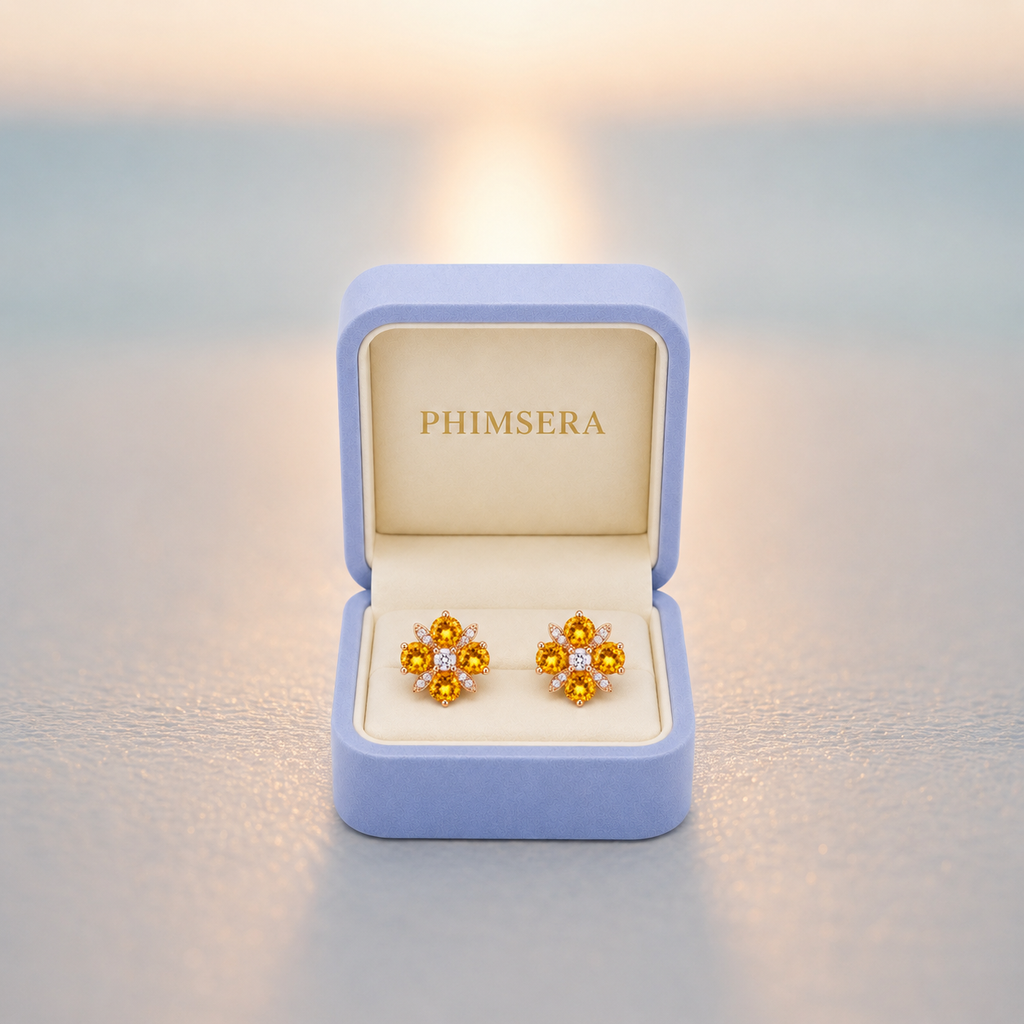 Natural 4mm round citrine flower earrings with golden citrine gemstones, sparkling cubic zirconia accents and an elegant floral design