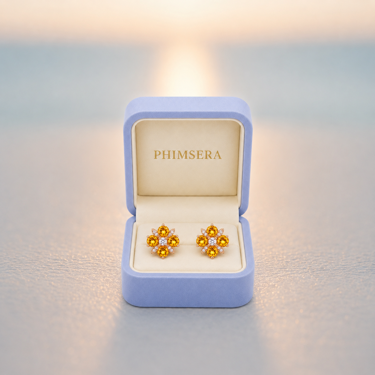 Natural 4mm round citrine flower earrings with golden citrine gemstones, sparkling cubic zirconia accents and an elegant floral design