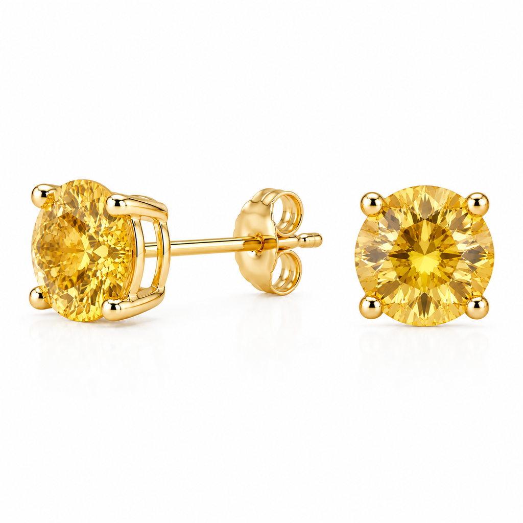 Natural 5mm round citrine stud earrings featuring genuine golden citrine gemstones in classic four-prong 925 silver settings.