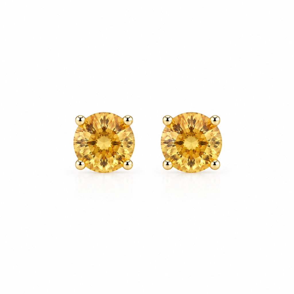 Natural 5mm round citrine stud earrings featuring genuine golden citrine gemstones in classic four-prong 925 silver settings.