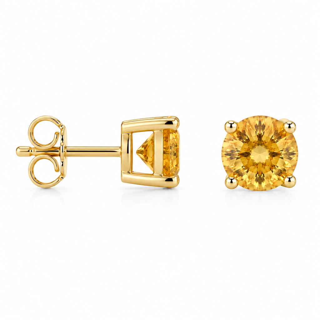 Natural 5mm round citrine stud earrings featuring genuine golden citrine gemstones in classic four-prong 925 silver settings.