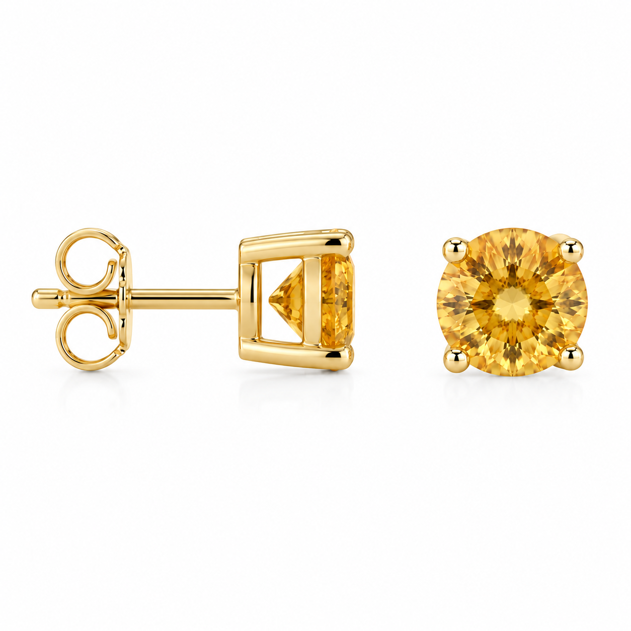 Natural 5mm round citrine stud earrings featuring genuine golden citrine gemstones in classic four-prong 925 silver settings.