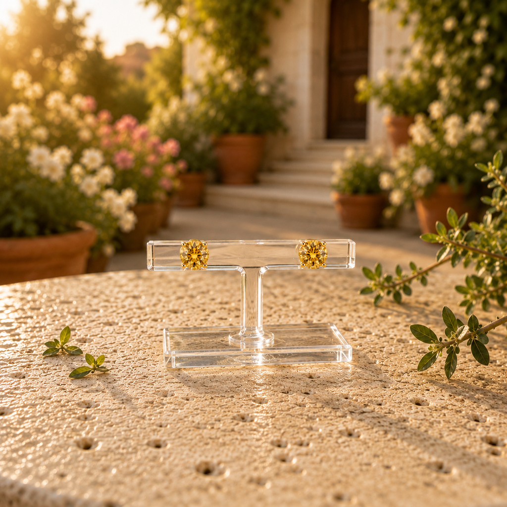 Natural 5mm round citrine stud earrings featuring genuine golden citrine gemstones in classic four-prong 925 silver settings.
