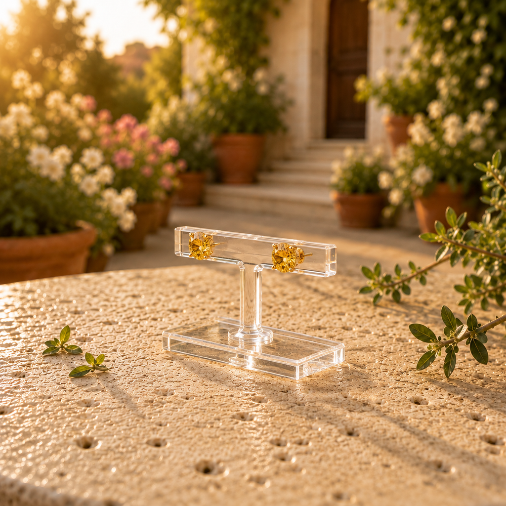 Natural 5mm round citrine stud earrings featuring genuine golden citrine gemstones in classic four-prong 925 silver settings.