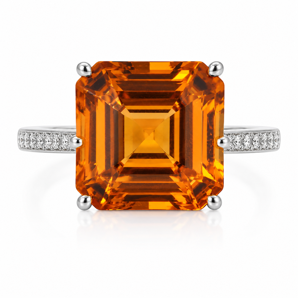 Natural 12mm Asscher cut citrine statement ring with CZ accents in 925 sterling silver