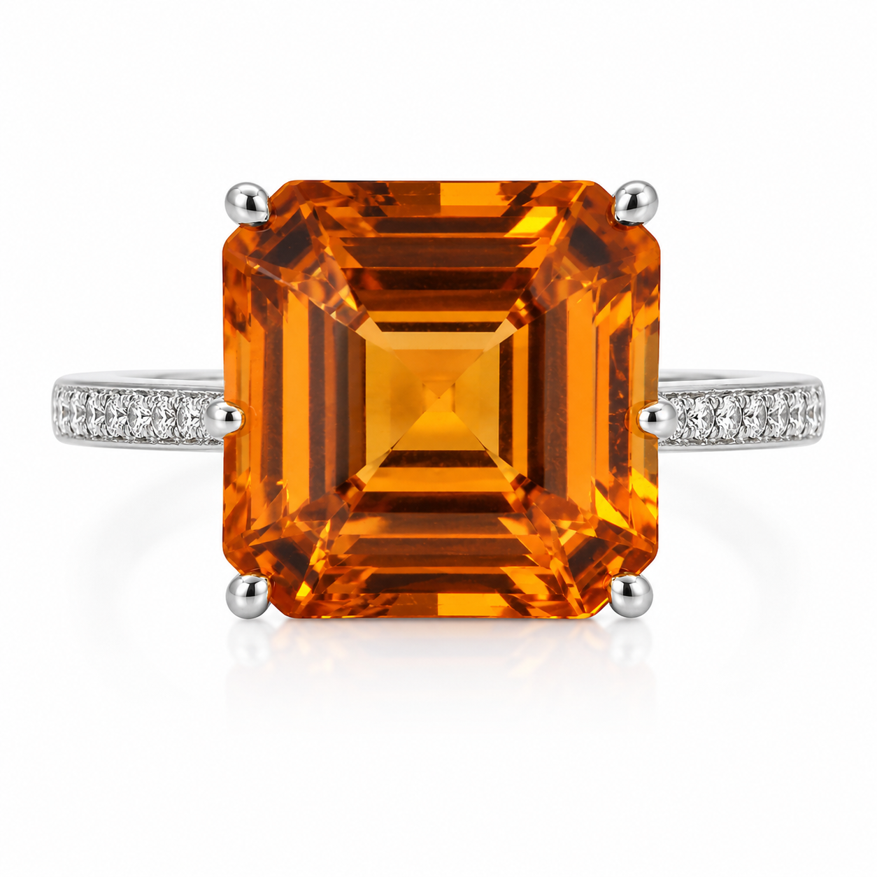 Natural 12mm Asscher cut citrine statement ring with CZ accents in 925 sterling silver