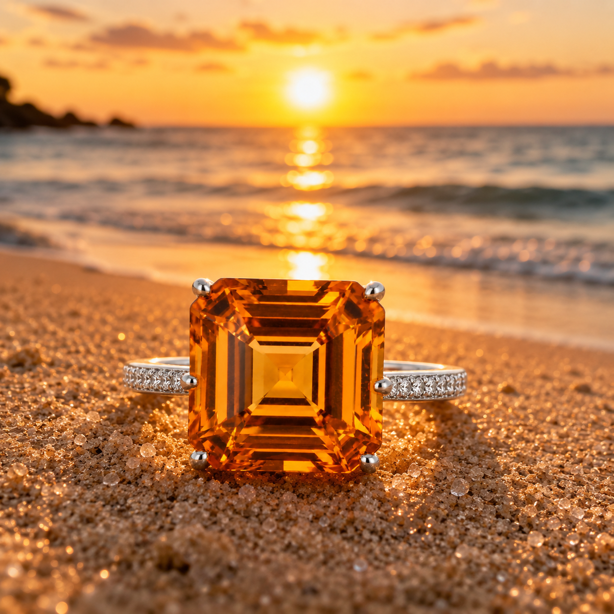 Natural Citrine Ring – 12mm Asscher Cut Citrine Statement Ring in 925 Sterling Silver