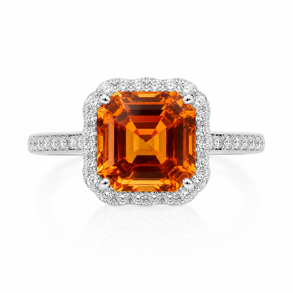 Natural 10mm Asscher cut citrine halo ring with CZ accents in 925 sterling silver