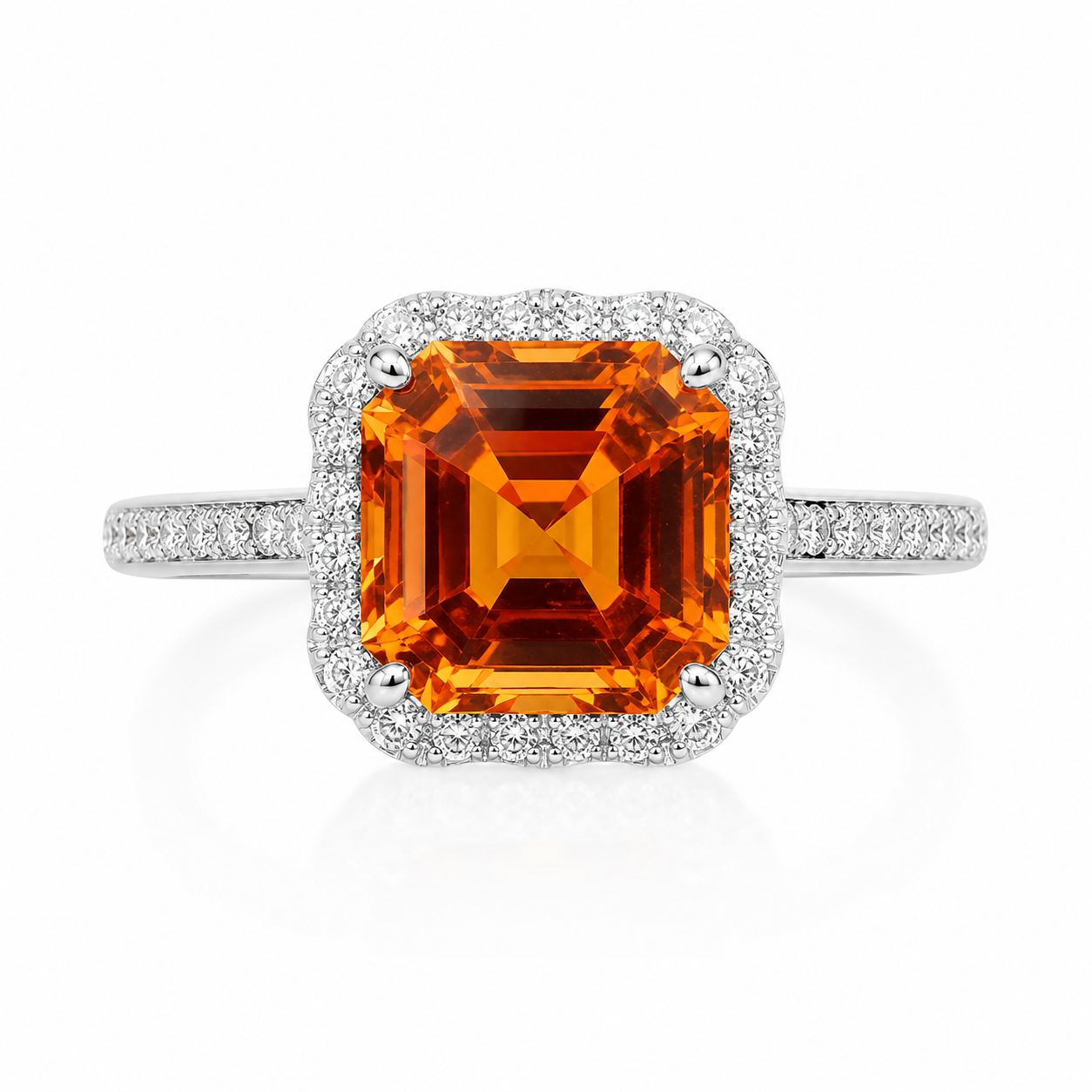 Natural 10mm Asscher cut citrine halo ring with CZ accents in 925 sterling silver