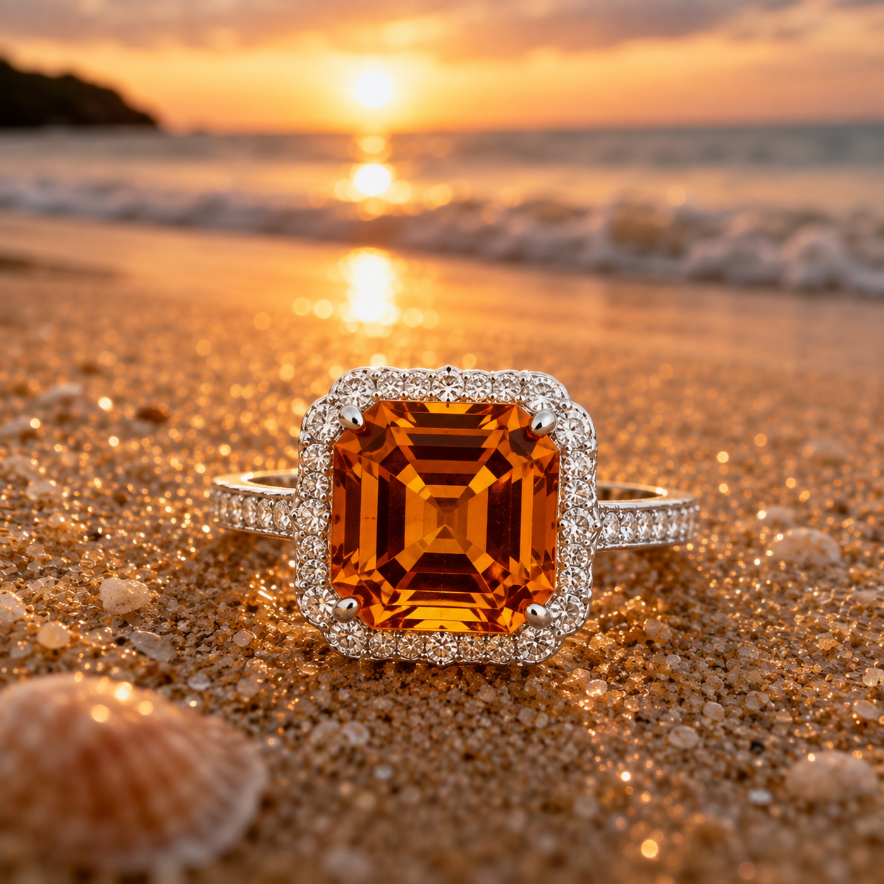 Natural Citrine Ring – 10mm Asscher Cut Citrine Halo Ring in 925 Sterling Silver