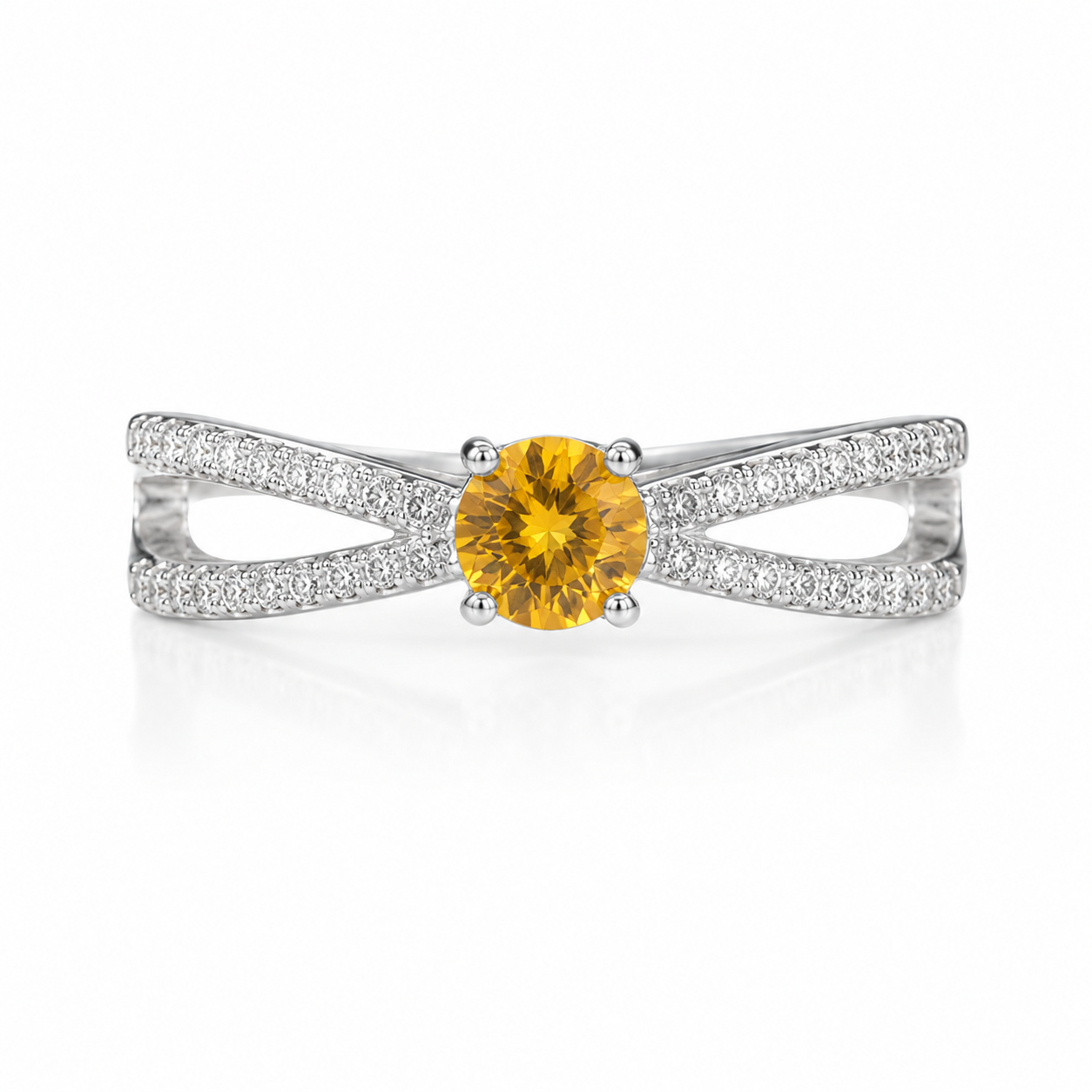 Natural 4mm round citrine crossover ring with CZ accents in 925 sterling silver