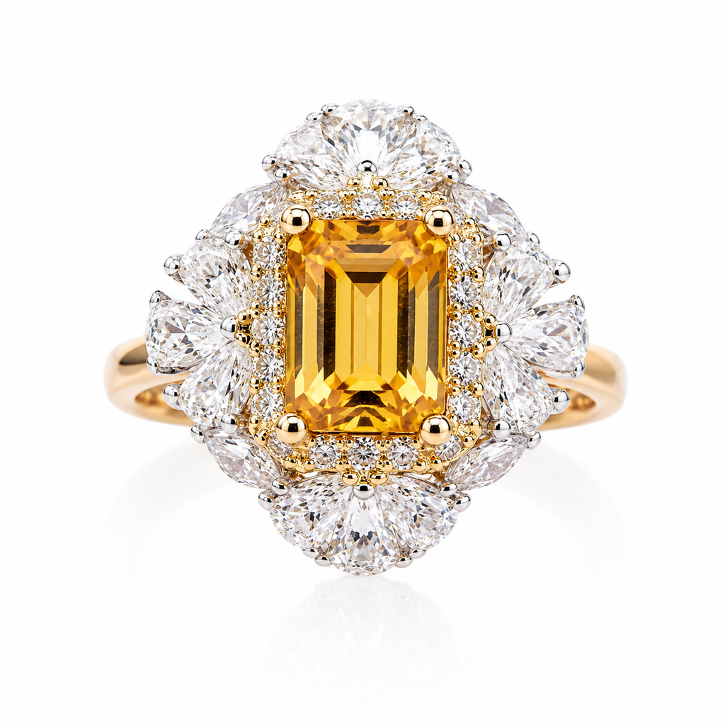 Natural 5x7mm emerald cut citrine floral halo ring with pear cut CZ accents in 925 sterling silver