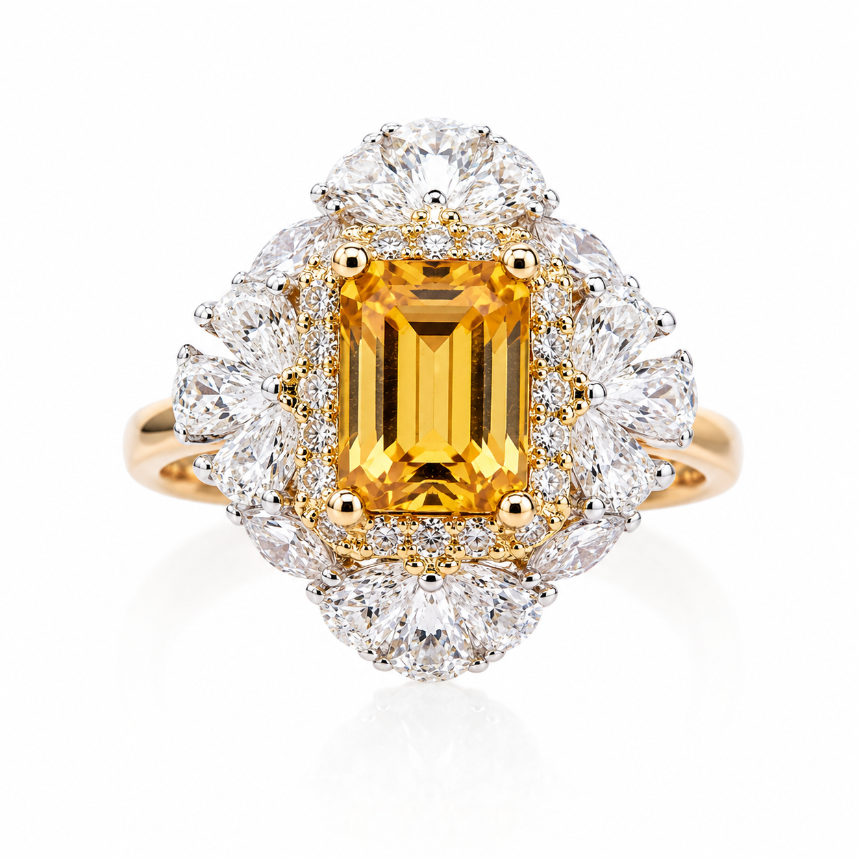 Natural 5x7mm emerald cut citrine floral halo ring with pear cut CZ accents in 925 sterling silver