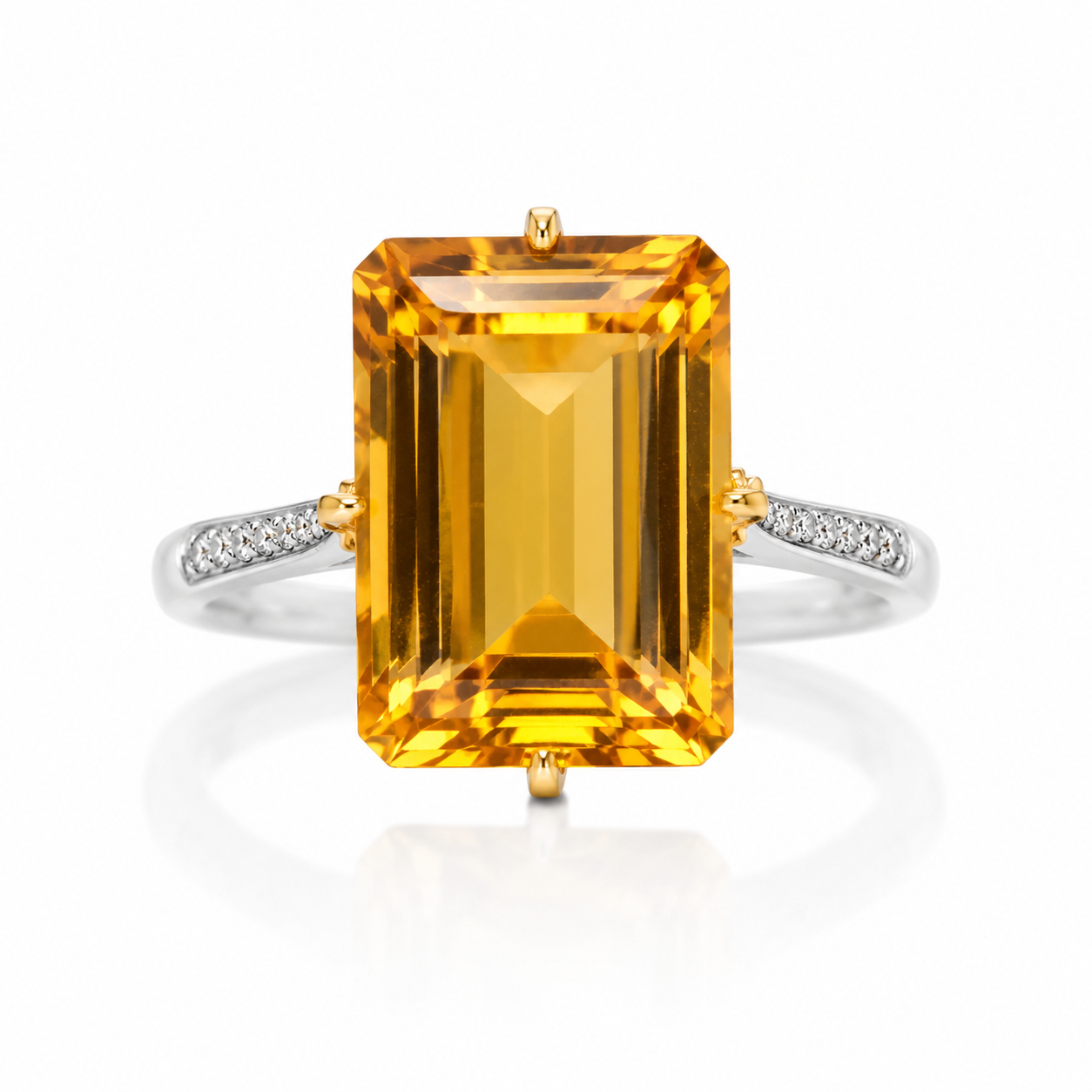 Natural 10x14mm emerald cut citrine statement ring with CZ accents in 925 sterling silver