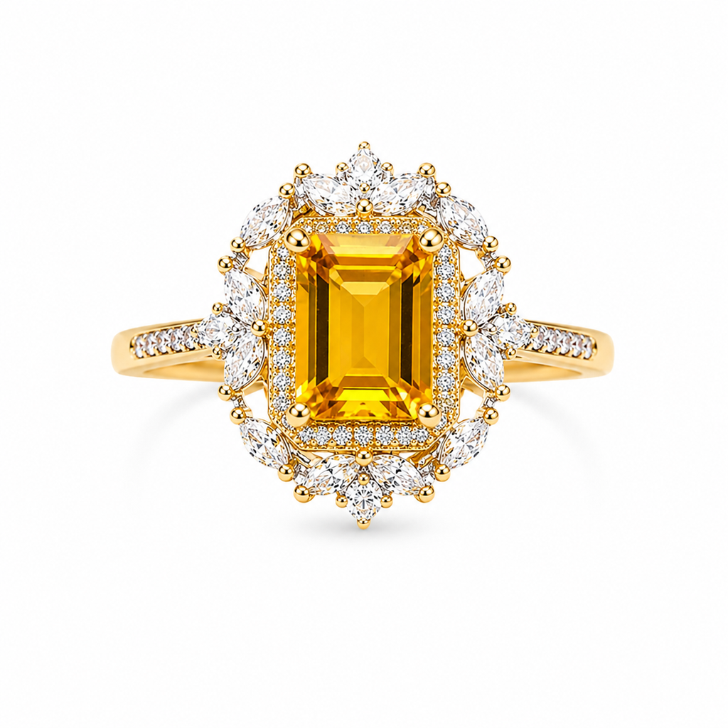 Natural 6x8mm emerald cut citrine gemstone ring with floral halo in gold plated 925 sterling silver