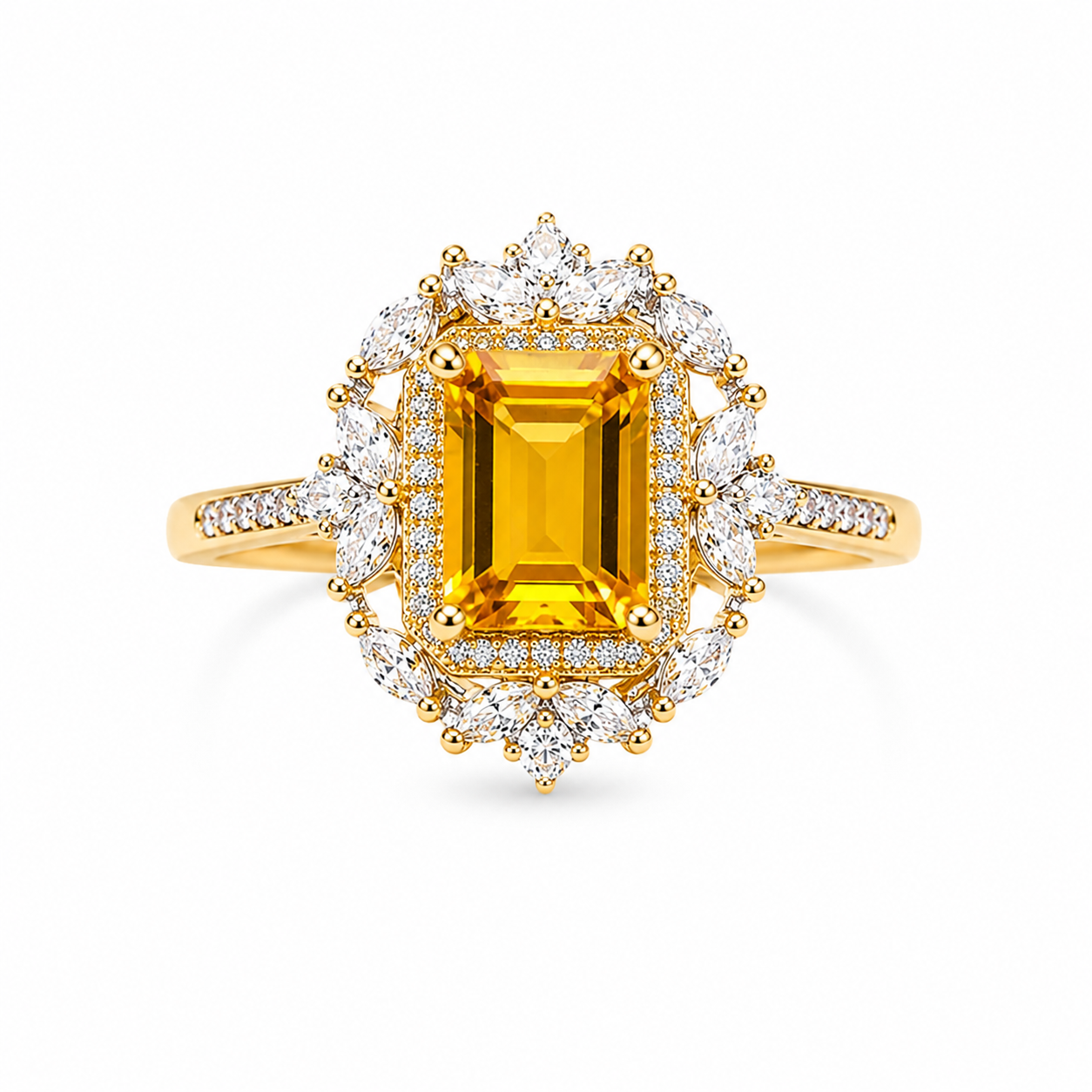 Natural 6x8mm emerald cut citrine gemstone ring with floral halo in gold plated 925 sterling silver