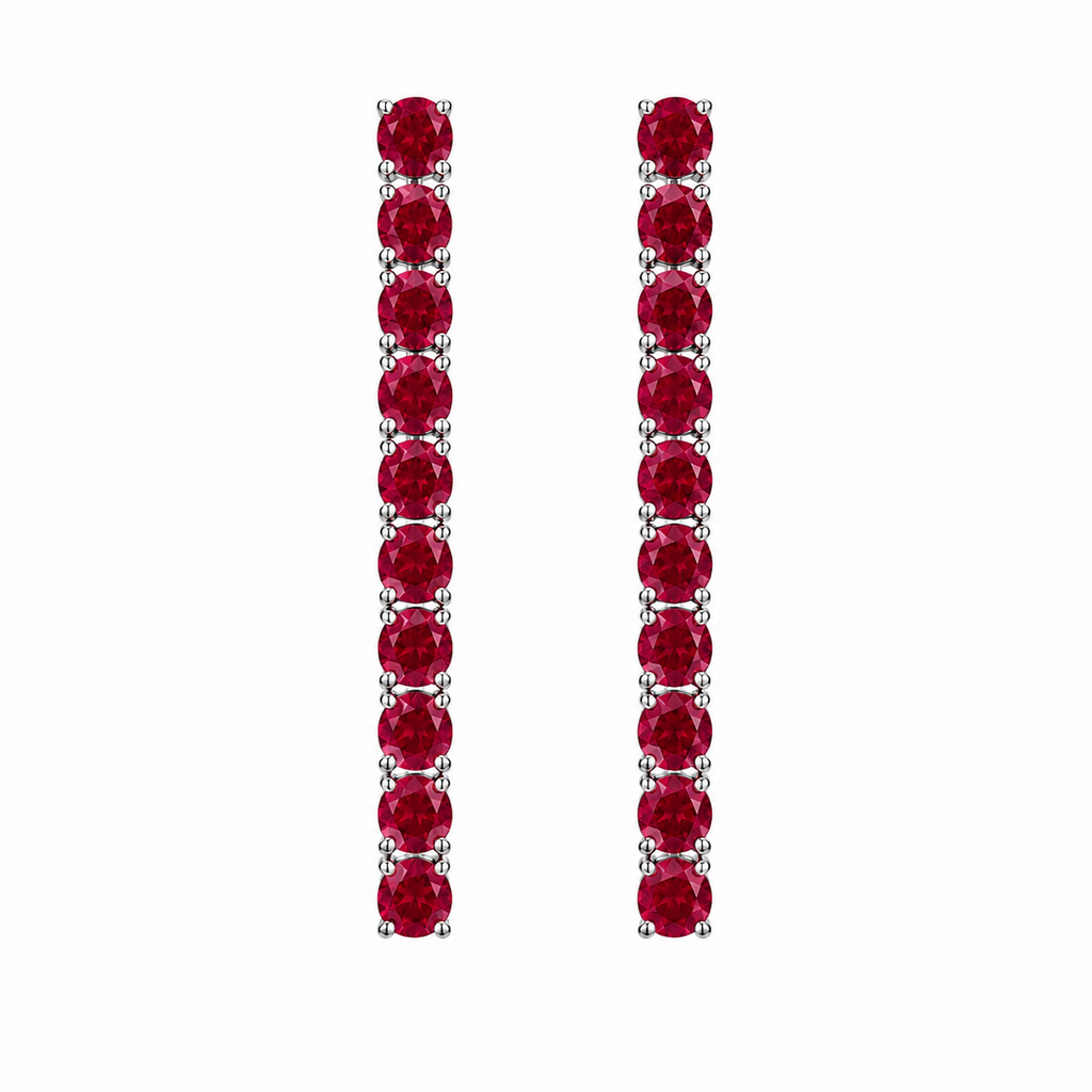 Front view of long 3mm round ruby dangle earrings with 20 natural red gemstones per pair