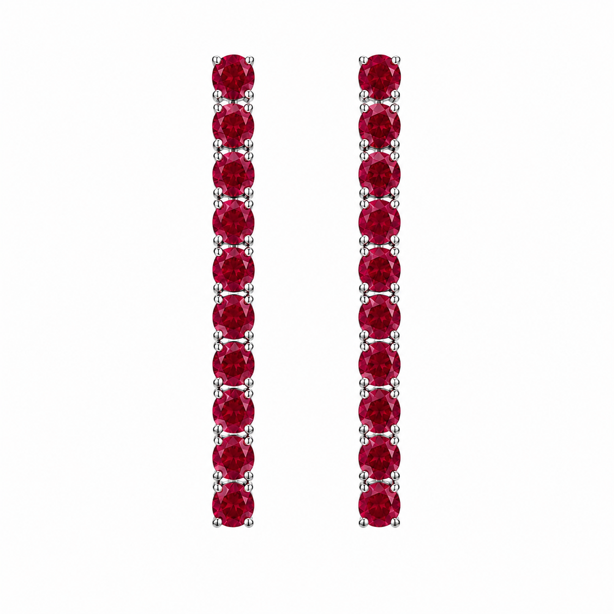 Front view of long 3mm round ruby dangle earrings with 20 natural red gemstones per pair