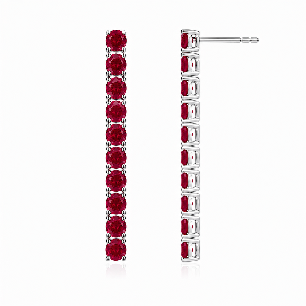 Side view of Phimsera natural ruby dangle earrings showing the elongated vertical gemstone design and sterling silver settings