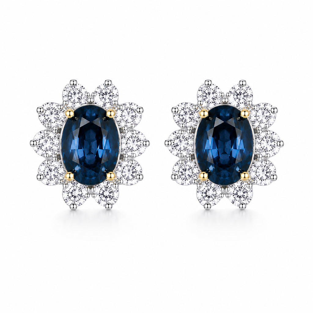 Natural 5x7mm oval London Blue Topaz halo stud earrings in platinum plated sterling silver with cubic zirconia on a white background.