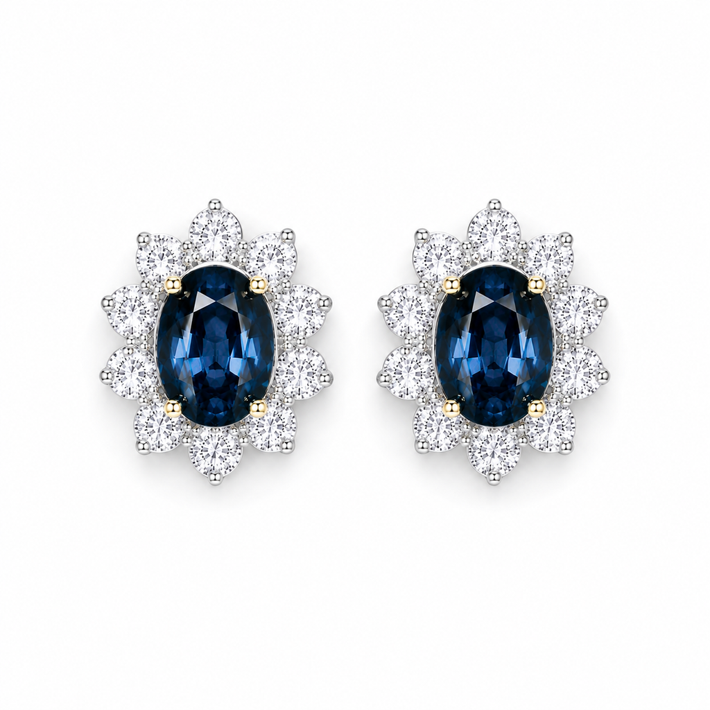 Natural 5x7mm oval London Blue Topaz halo stud earrings in platinum plated sterling silver with cubic zirconia on a white background.