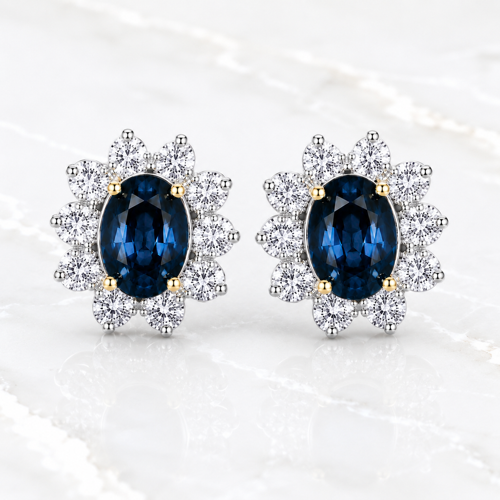 Natural 5x7mm oval London Blue Topaz halo stud earrings in platinum plated sterling silver with cubic zirconia on a white background.