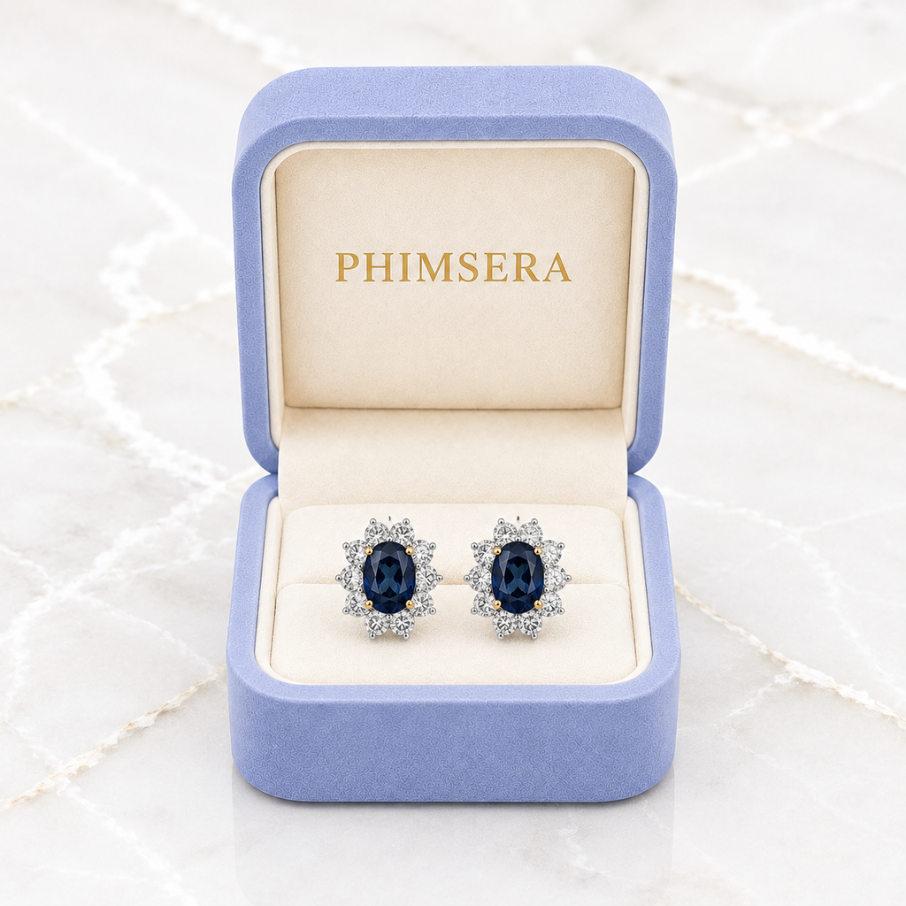 Natural 5x7mm oval London Blue Topaz halo stud earrings in platinum plated sterling silver with cubic zirconia on a white background.