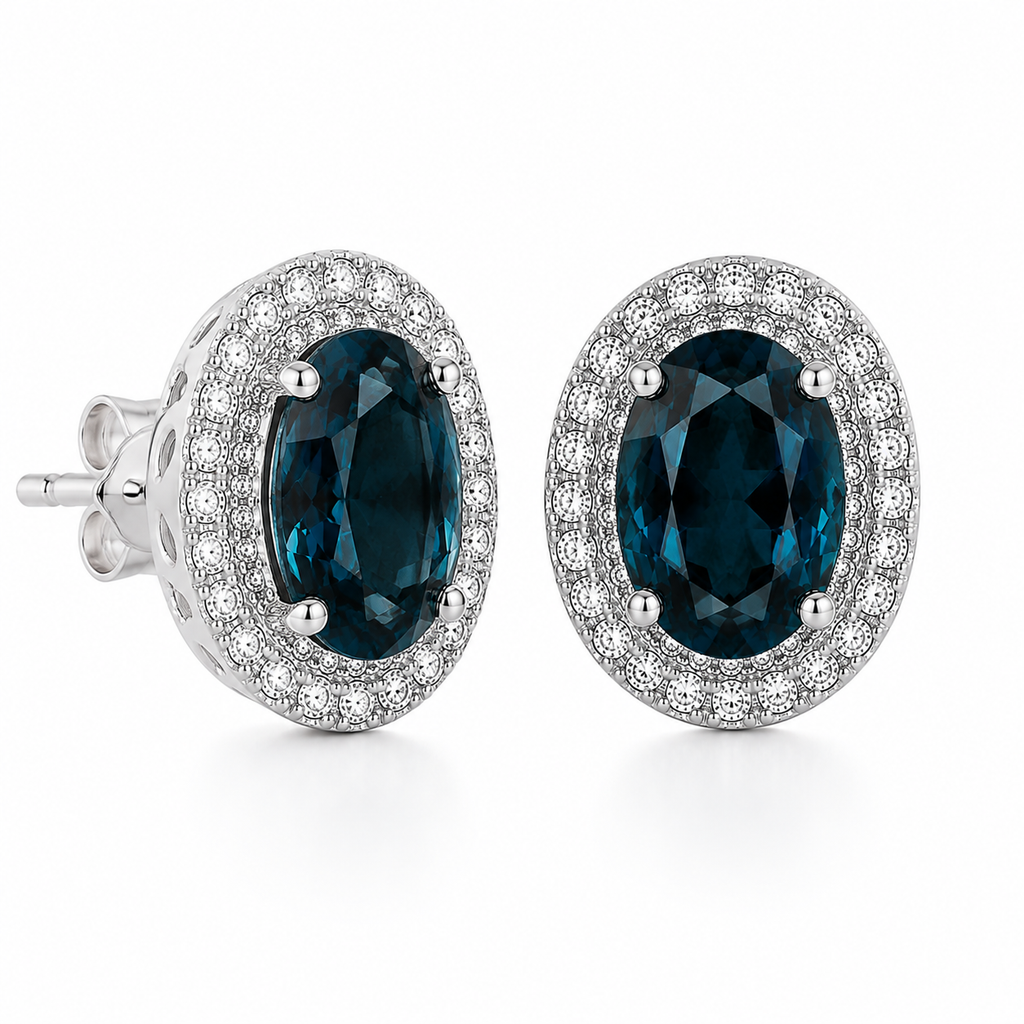 Natural London Blue Topaz oval stud earrings with 5x7mm gemstones, double halo cubic zirconia, platinum-plated 925 sterling silver, front view.