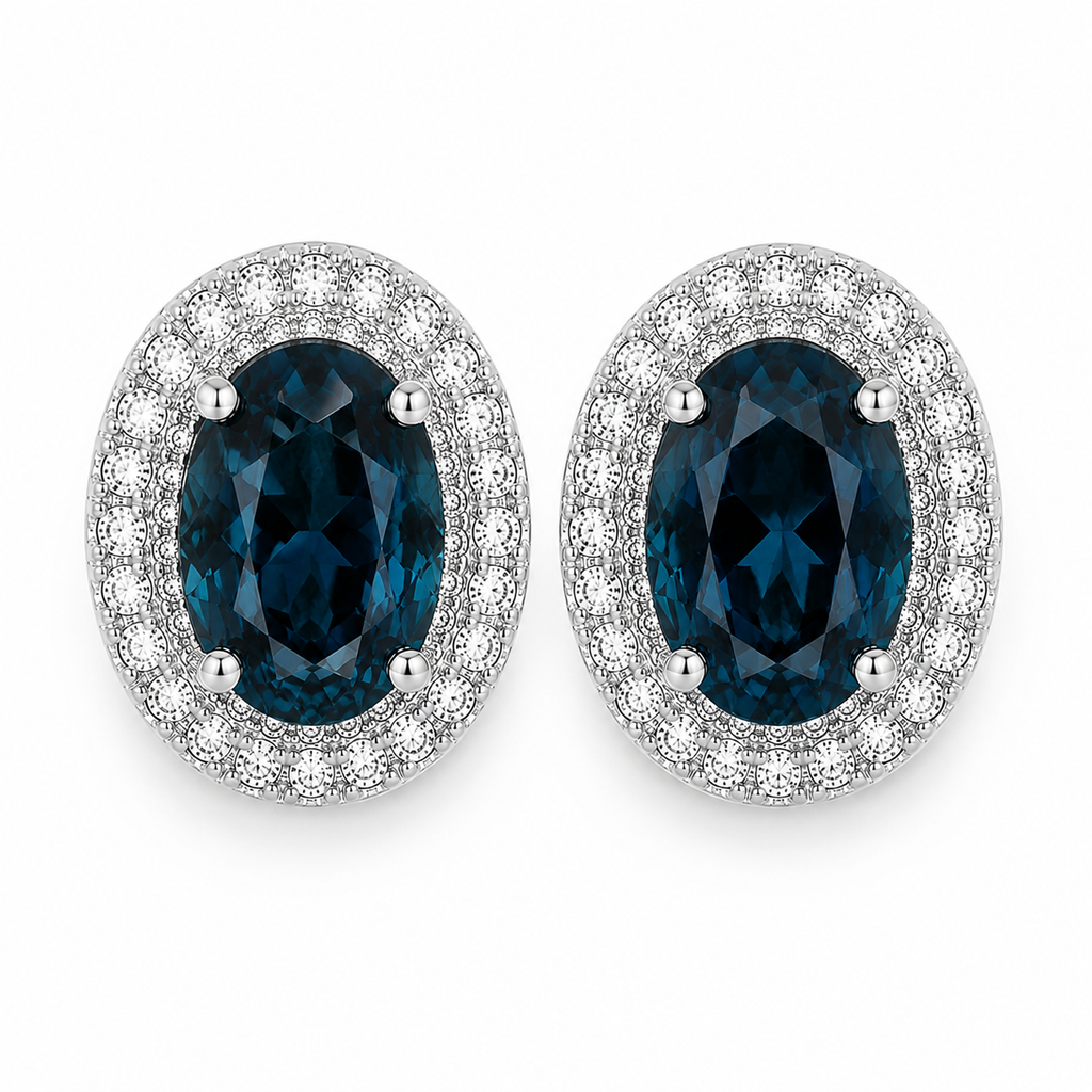 Natural London Blue Topaz oval stud earrings with 5x7mm gemstones, double halo cubic zirconia, platinum-plated 925 sterling silver, front view.