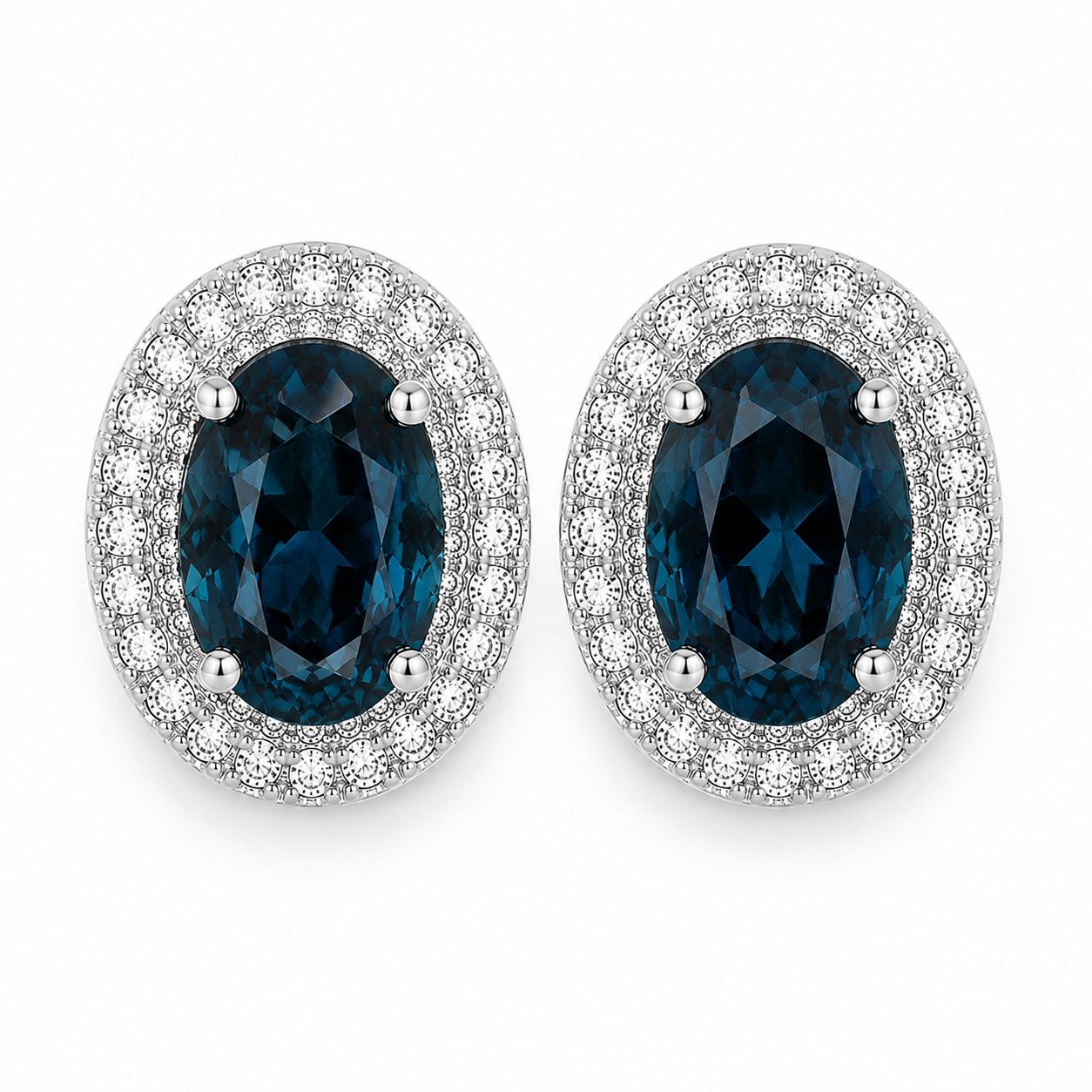 Natural London Blue Topaz oval stud earrings with 5x7mm gemstones, double halo cubic zirconia, platinum-plated 925 sterling silver, front view.