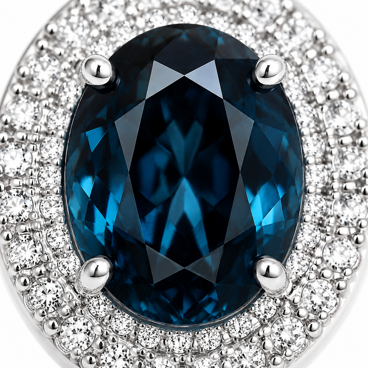 Natural London Blue Topaz oval stud earrings with 5x7mm gemstones, double halo cubic zirconia, platinum-plated 925 sterling silver, front view.