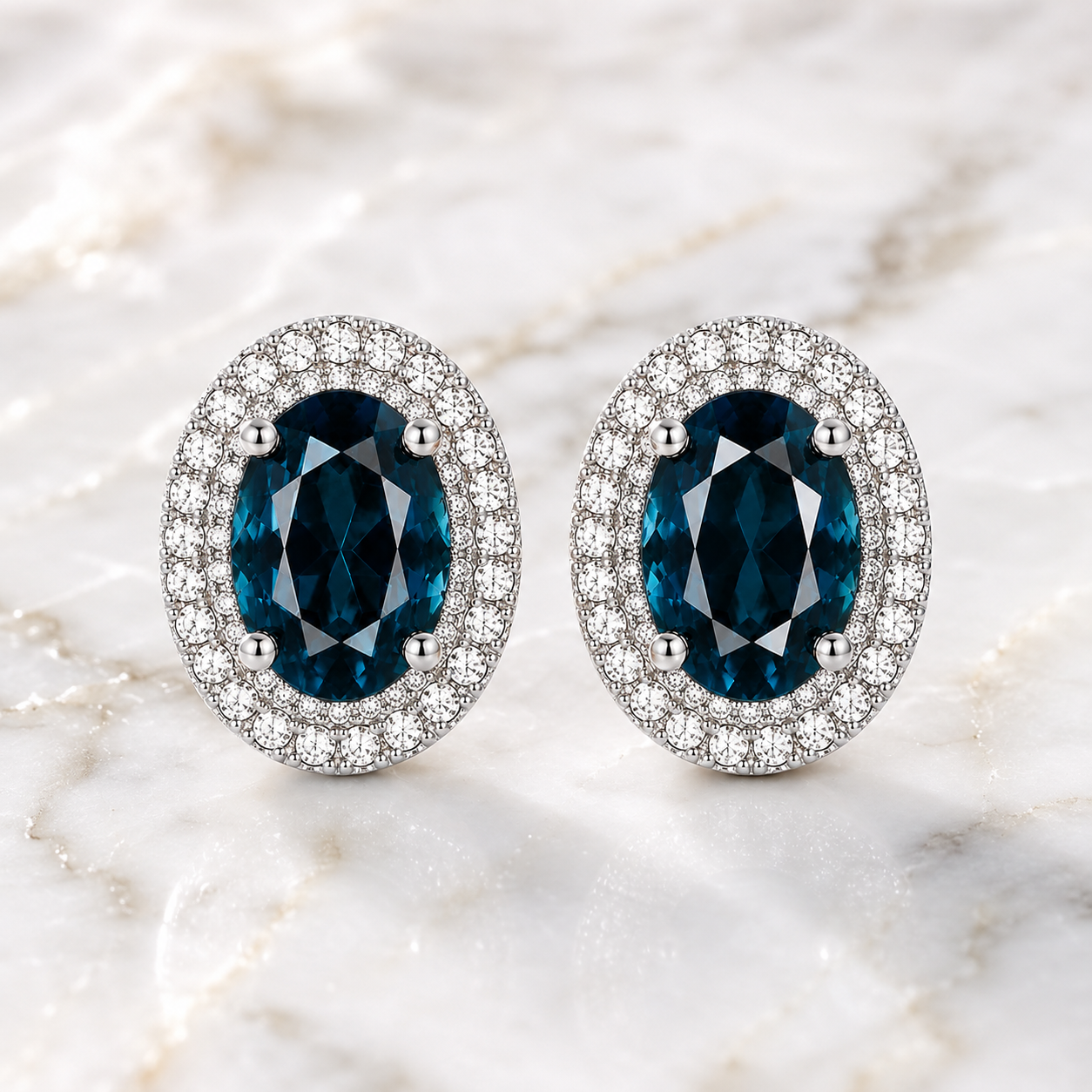 Natural London Blue Topaz oval stud earrings with 5x7mm gemstones, double halo cubic zirconia, platinum-plated 925 sterling silver, front view.